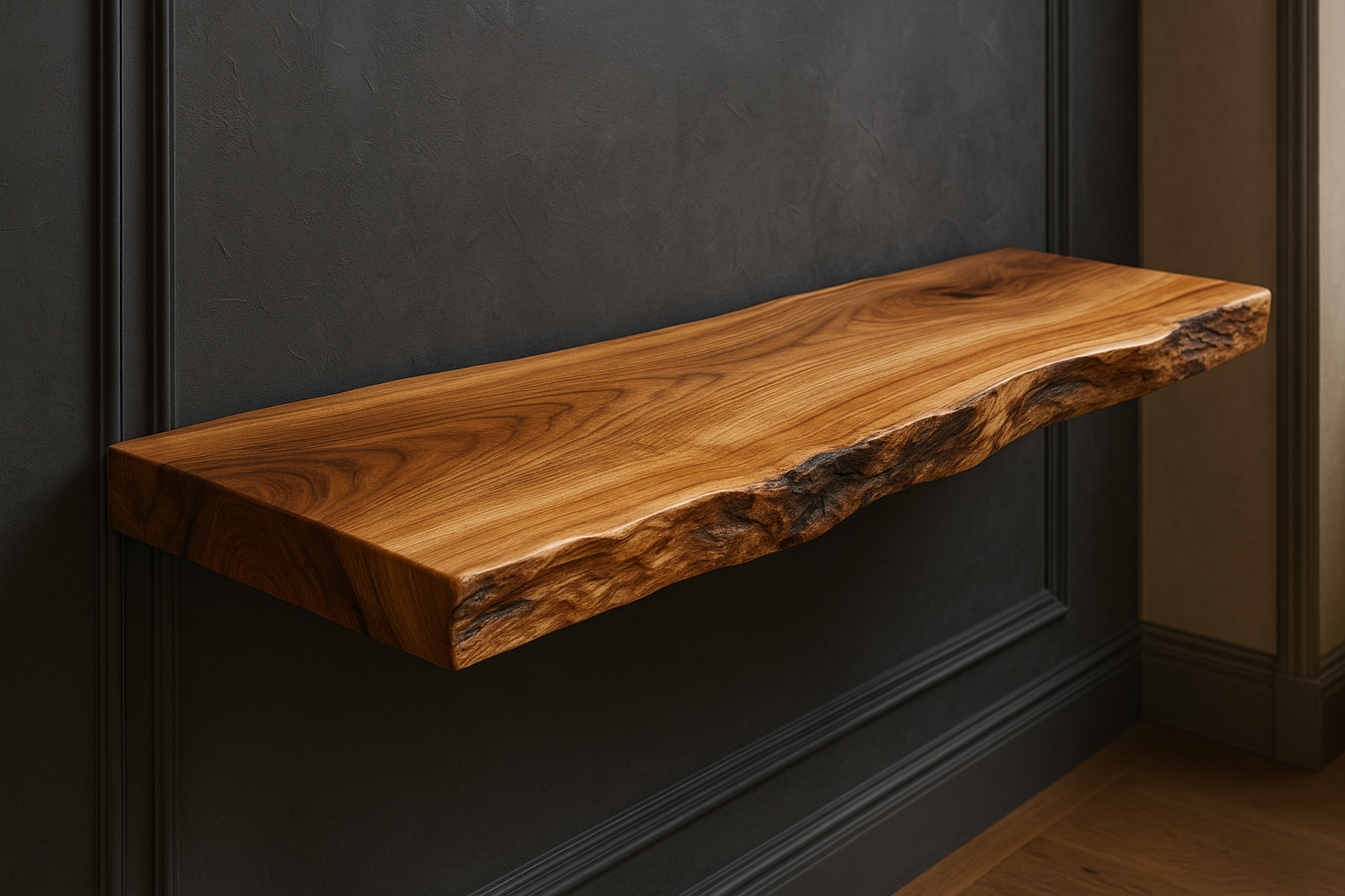 Beautiful live edge wooden shelf mounted on dark textured wall