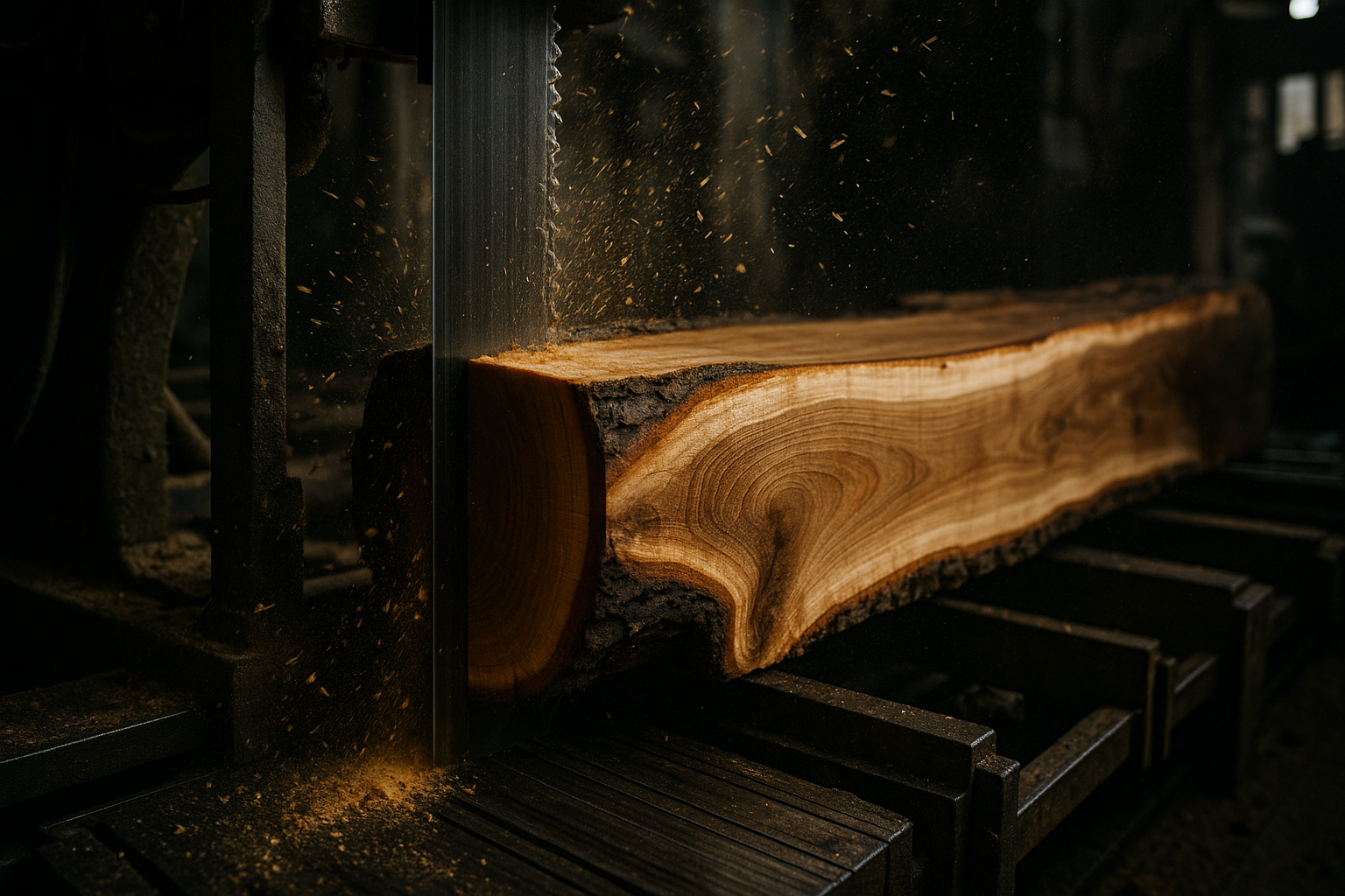 Master craftsman working at sawmill, cutting wood to exact specifications