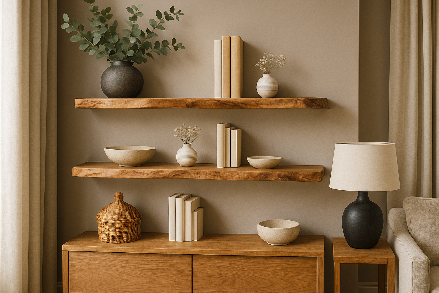 Beautiful wooden shelf installed in modern home interior
