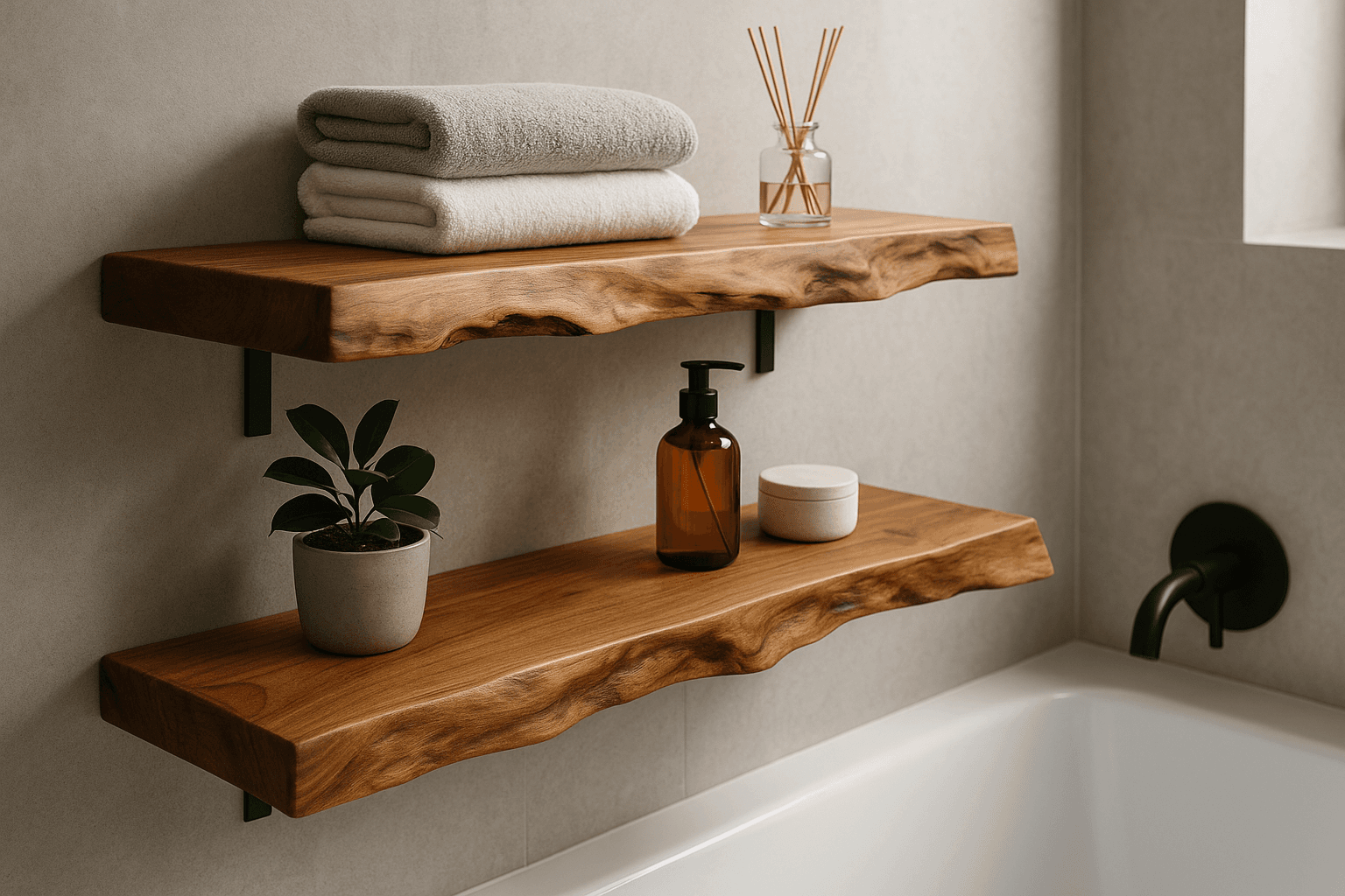 Bathroom with floating wooden shelves