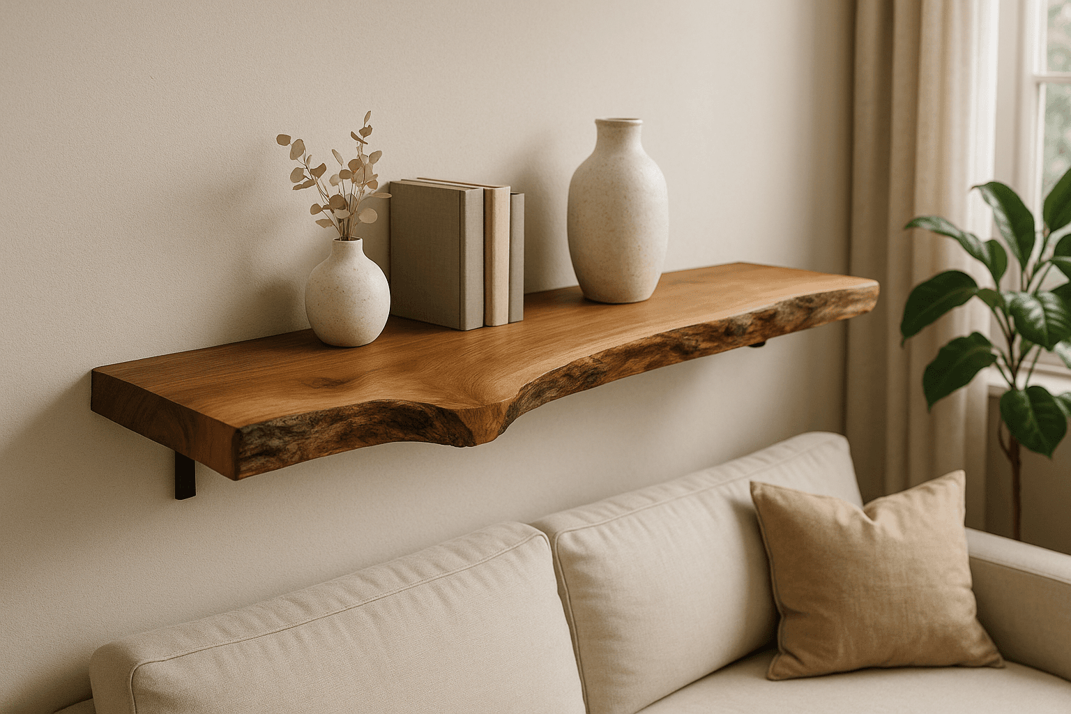 Modern living room with live edge shelf